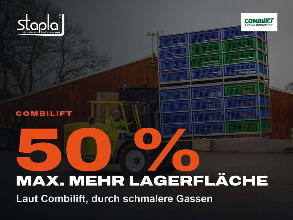 stapla Grafik: 50 %, Laut Combilift, durch schmalere Gassen